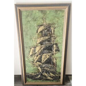 Vanguard Studios?  Mid Century Nautical Ship Brutalist Drip Art  15X27" Framed